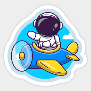 Cute Astronaut Flight With Plane Cartoon Sticker